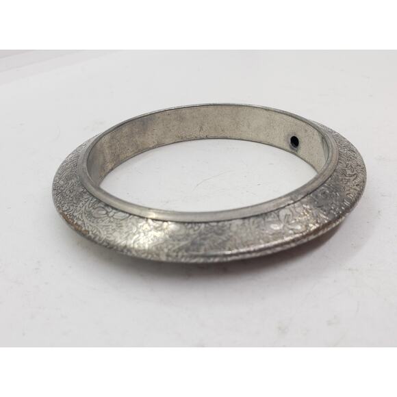 Engraved Etched Floral Silver Plated Bangle Bracelet Wide Domed Fancy Chunky - Picture 2 of 10